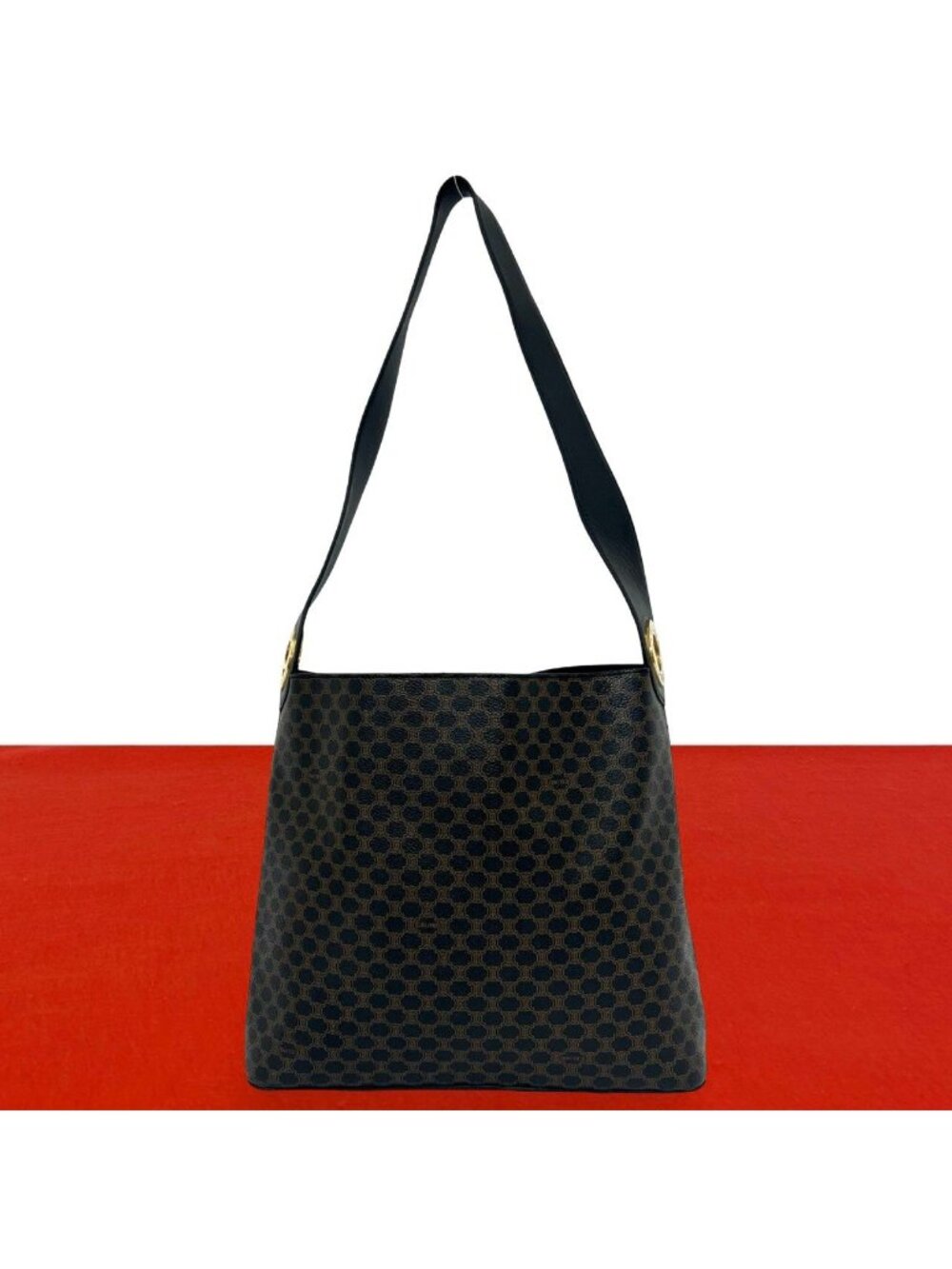 Celine Vintage Circle Logo Macadam Pattern Leather Shoulder Bag Black Brown